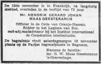 Overlijdensbericht H.G.J. (Henry) MG (1894-1966)